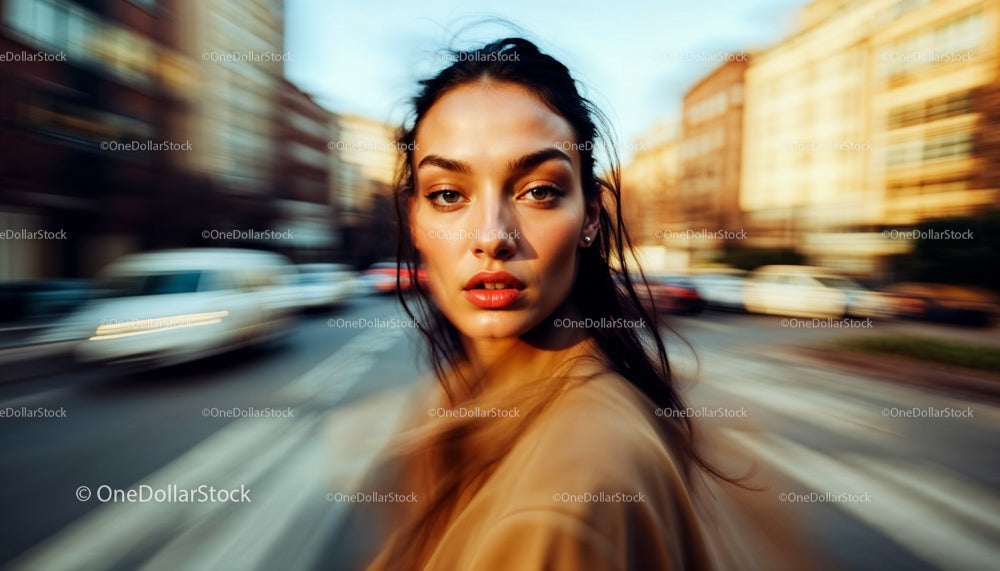 Dynamic Portrait of a Woman in Motion on City Street