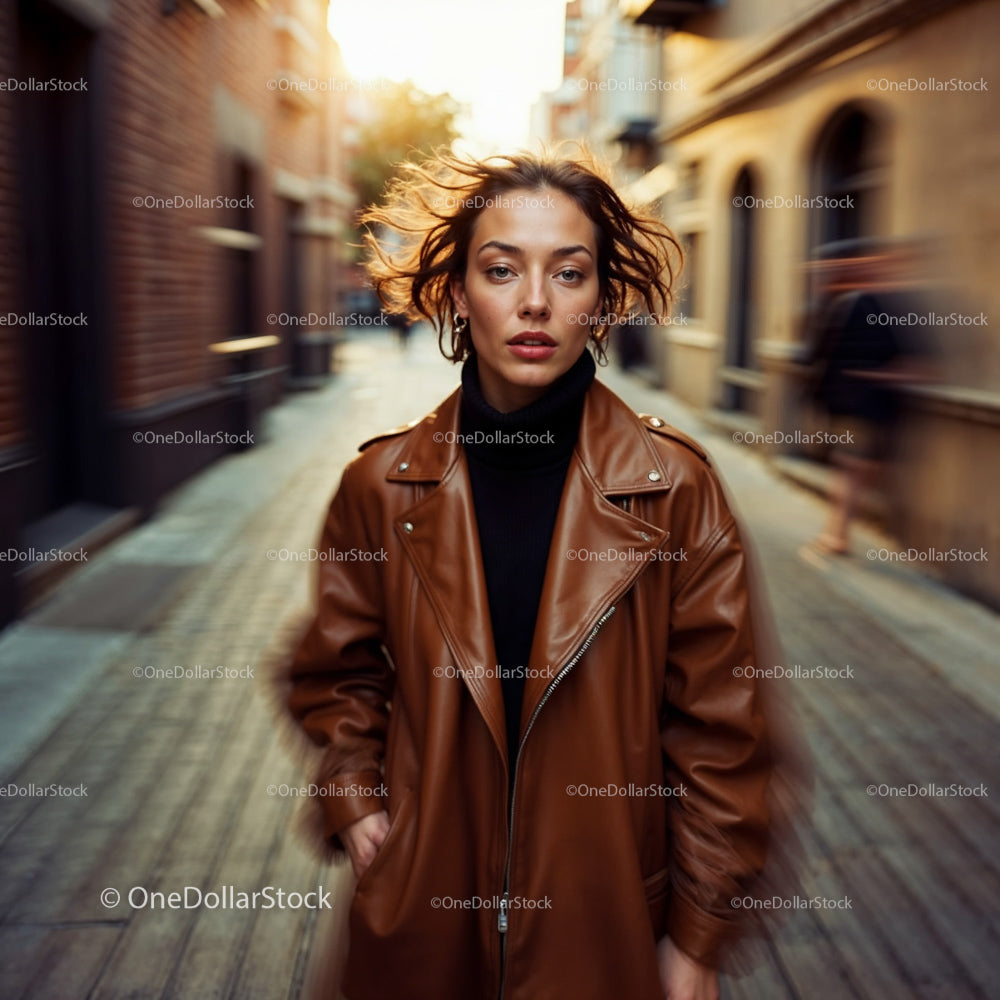 Woman in Brown Leather Jacket Walking on City Street