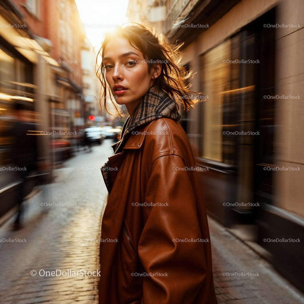 Stylish Woman in Brown Coat Strolling Through Urban Alley