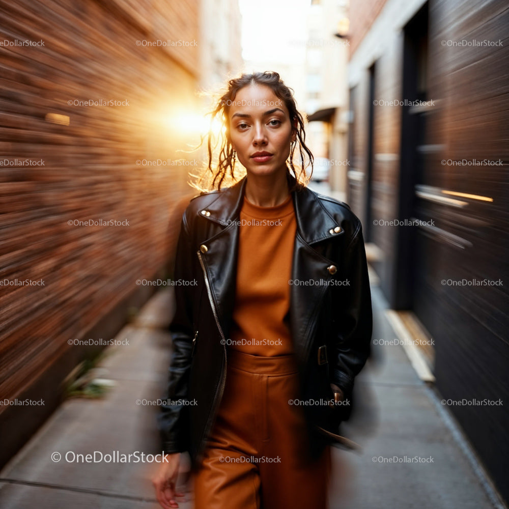 Stylish Woman Walking in City Alley at Sunset
