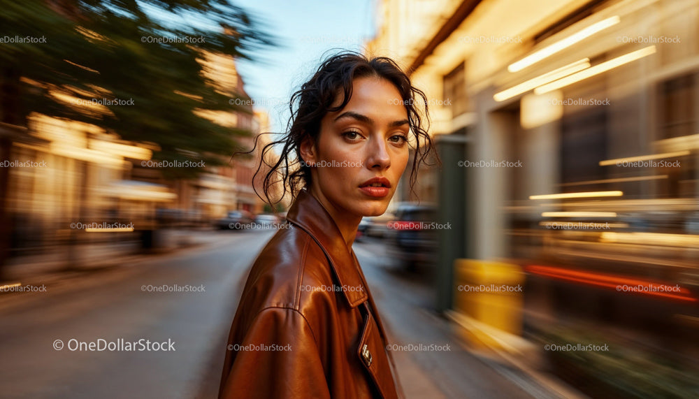 Stylish Woman in Leather Jacket on Urban Street