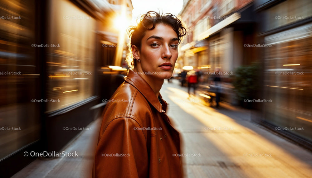 Young Man in Brown Jacket Walking Through Sunlit City Street