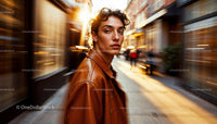Young Man in Brown Jacket Walking Through Sunlit City Street