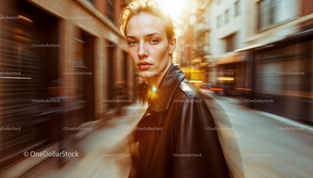Fashionable Woman in Leather Jacket in Urban Setting