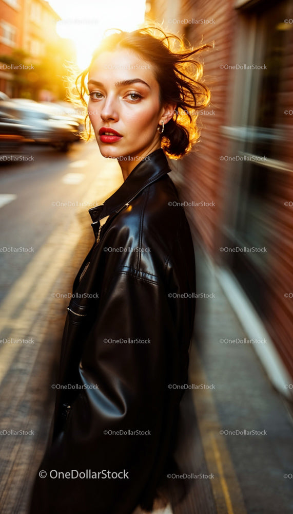 Stylish Woman in Leather Jacket on Sunlit City Street