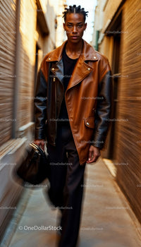 Stylish Individual in Brown Leather Jacket Walking Down Alley