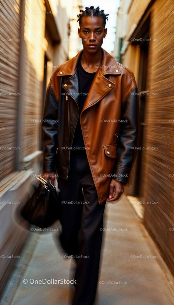 Stylish Individual in Brown Leather Jacket Walking Down Alley
