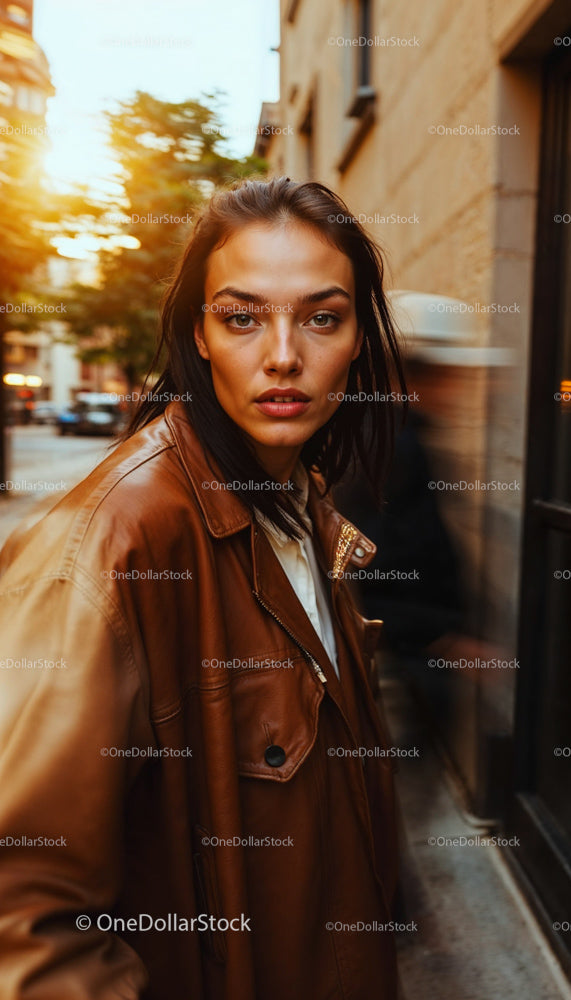 Stylish Woman in Leather Jacket on City Street at Sunset