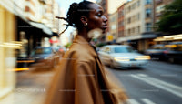 Stylish Woman Walking in Fast-Paced Urban Street