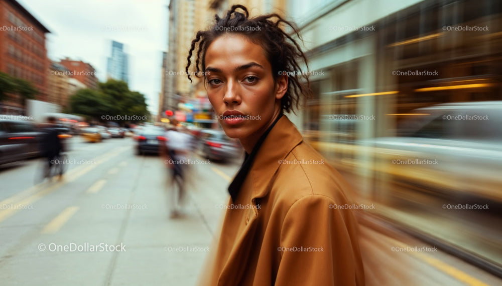 Fashionable Woman in Motion on Bustling City Street