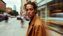 Fashionable Woman in Motion on Bustling City Street