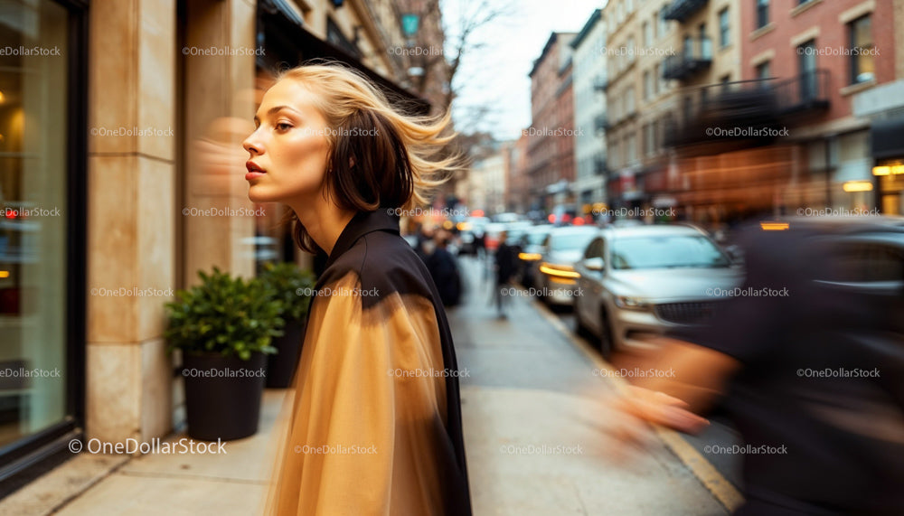 Stylish Woman Walking Through a Bustling City Street