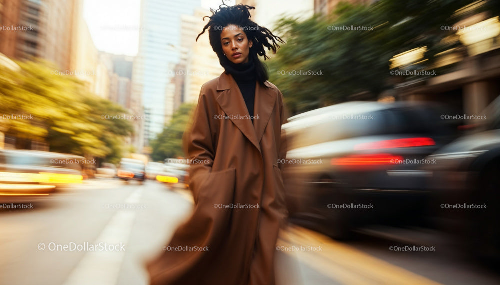 Stylish Woman in Brown Coat Walking Through Busy City Street