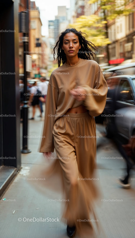 Confident Woman in Flowing Beige Outfit on City Street
