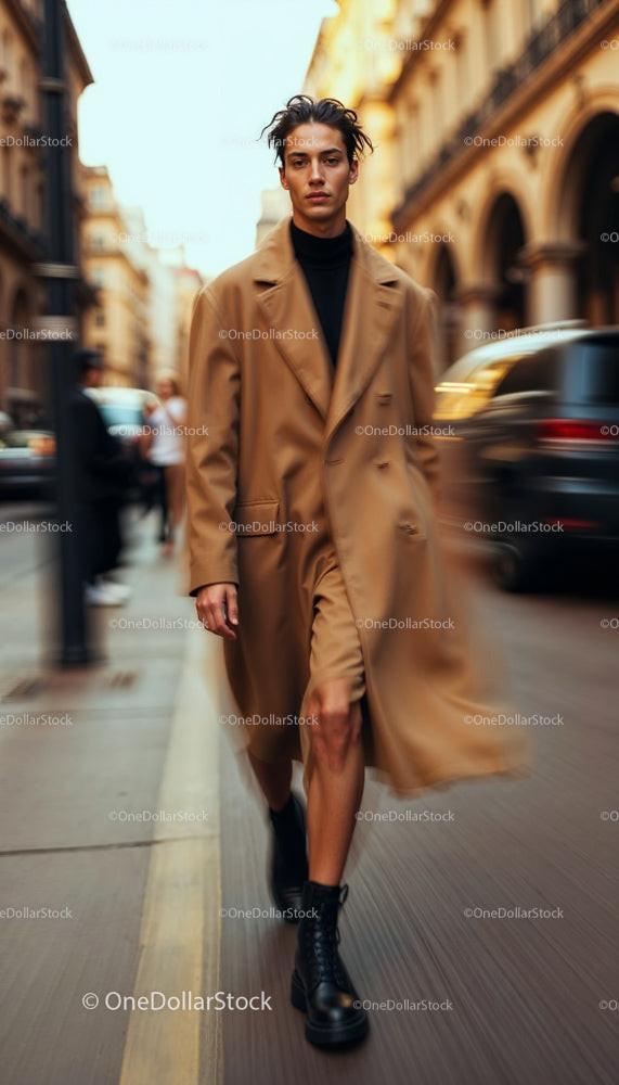 Stylish Urban Man in Brown Coat Walking on City Street