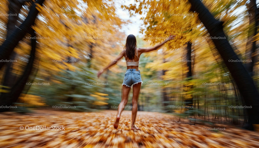 Young Woman Walking in Vibrant Autumn Forest