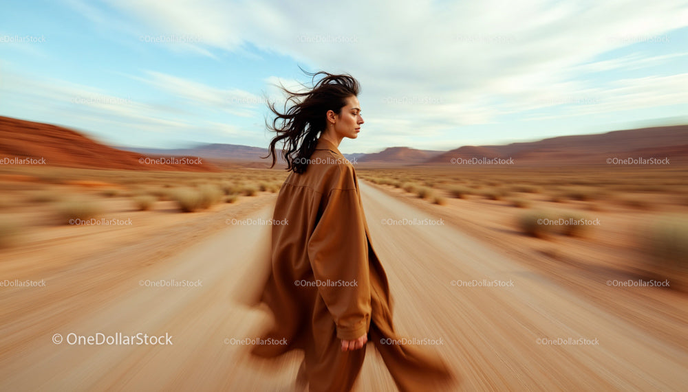 Woman Walking in Desert with Windblown Hair