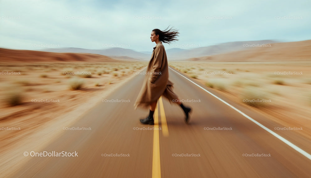 Woman Walking on Desert Highway in Motion Blur