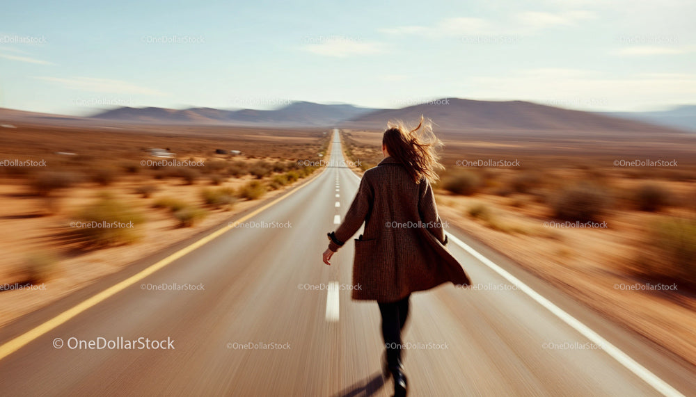 Woman Walking on Long Desert Highway