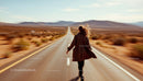 Woman Walking on Long Desert Highway