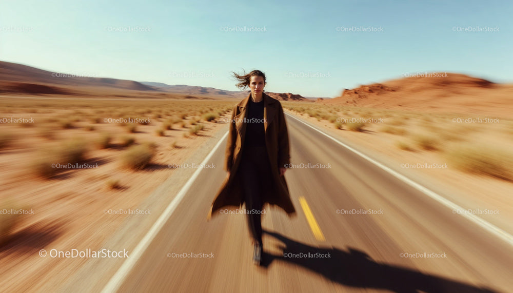 Woman Walking Alone on Desert Road in Windy Landscape