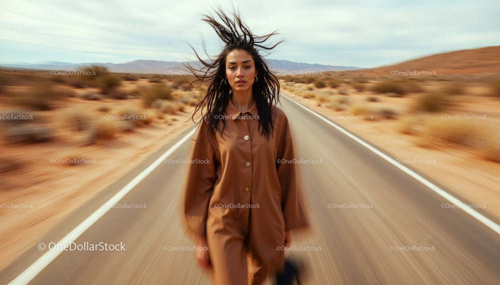 Woman Walking on Desert Road in Brown Coat