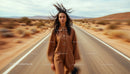 Woman Walking on Desert Road in Brown Coat