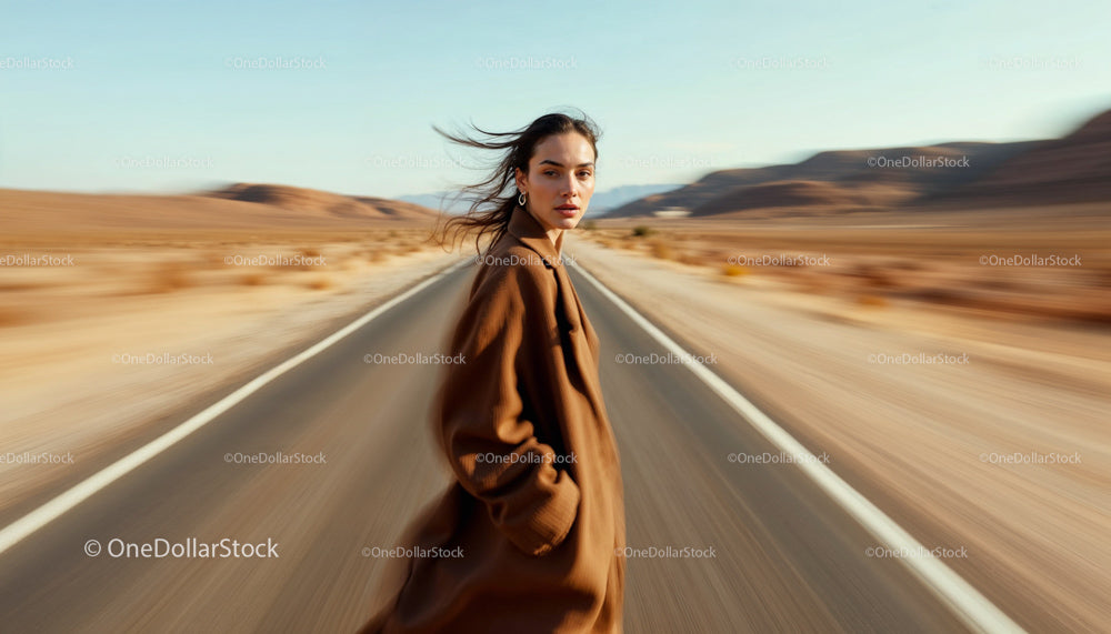 Woman in Brown Coat on Empty Desert Road