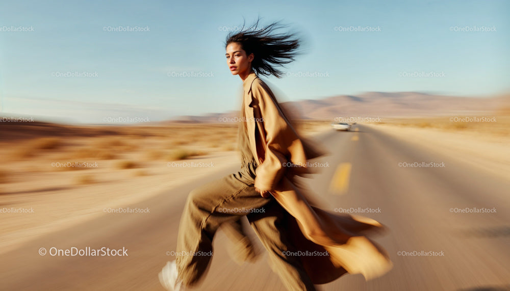 Dynamic Woman Running Along a Desert Highway