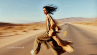 Dynamic Woman Running Along a Desert Highway
