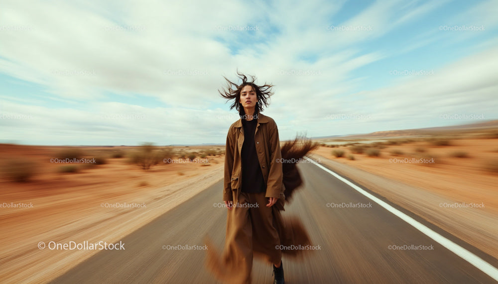 Woman Standing on Desert Road with Motion Blur Effect