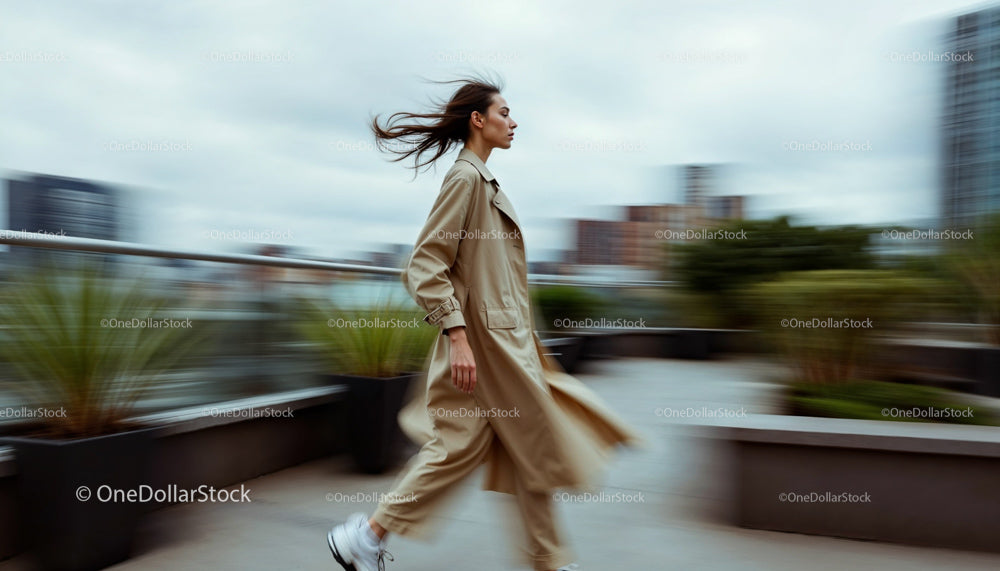Stylish Woman in a Beige Trench Coat Walking Outdoors