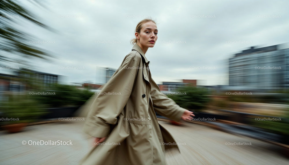 Woman in Beige Trench Coat on Rooftop with Cityscape View