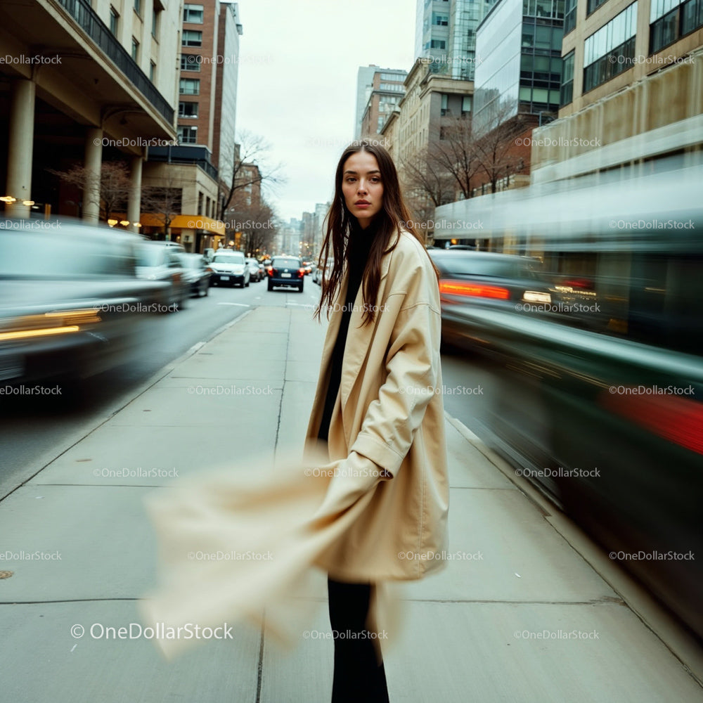 Young Woman in Beige Coat on Busy City Street