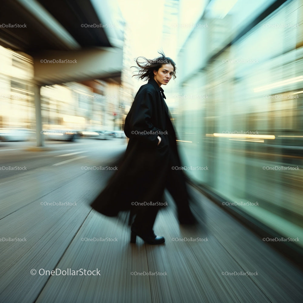 Woman in Black Coat Walking on City Street with Motion Blur