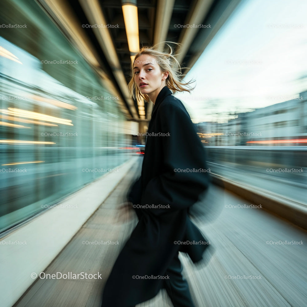 Dynamic Woman in Black Coat in City Motion