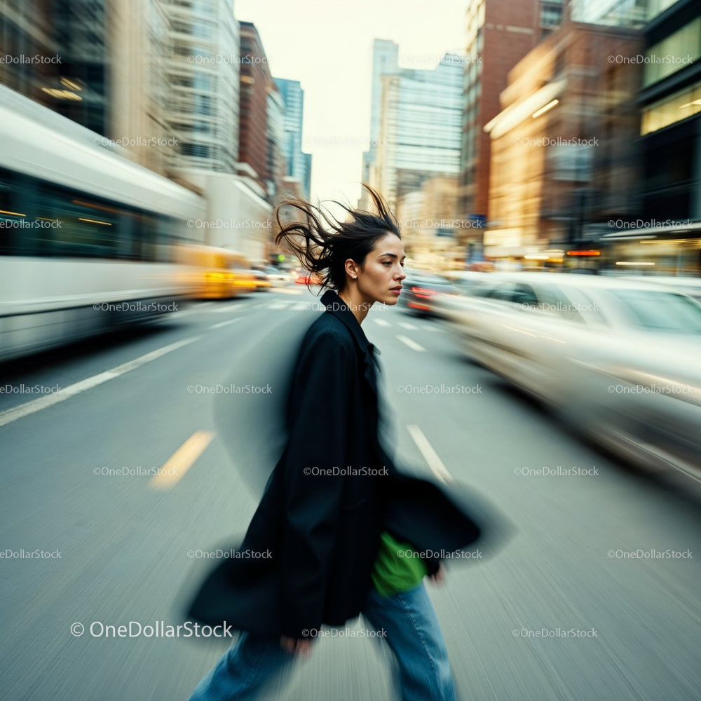 Woman Walking in Dynamic Cityscape with Motion Blur