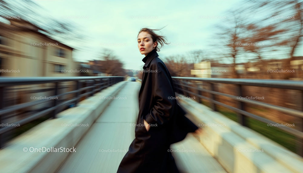 Stylish Woman Walking on Urban Overpass with Motion Blur