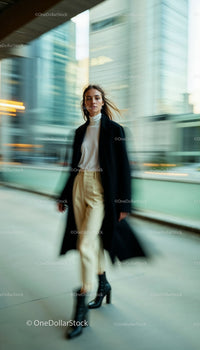 Elegant Woman Walking in Urban Cityscape