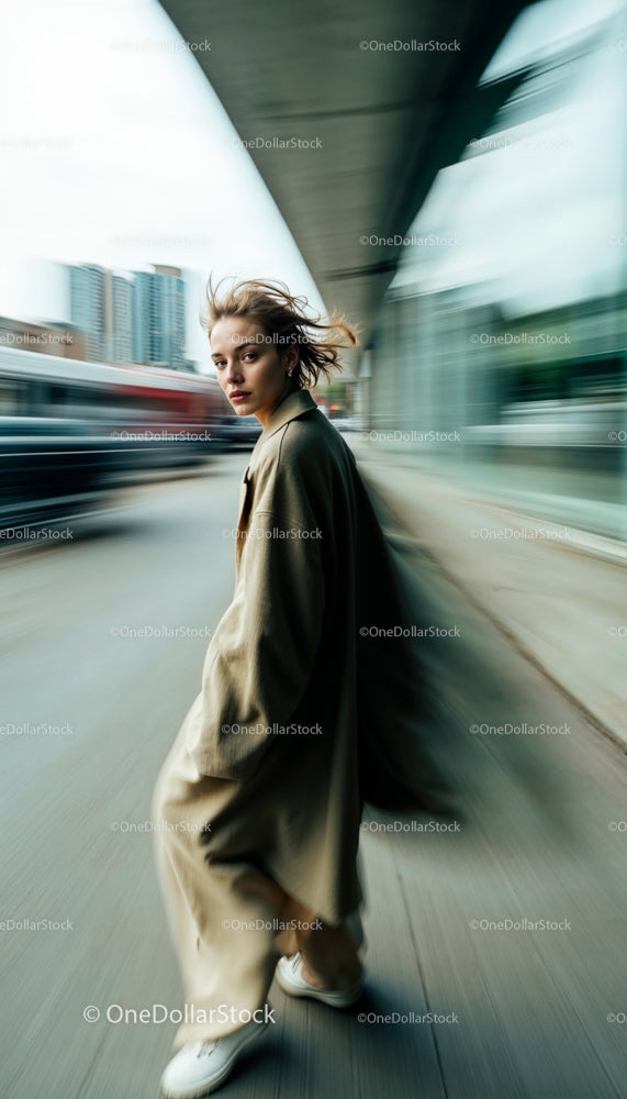 Woman in Motion on Urban Street in Beige Trench Coat