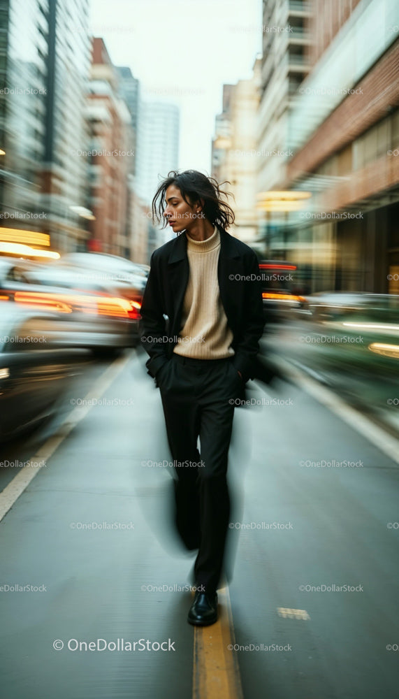 Stylish Individual Walking on Busy City Street