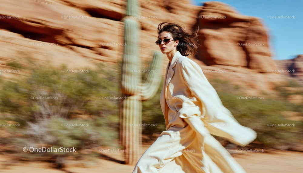 Stylish Woman in Flowing Coat Running Through Desert