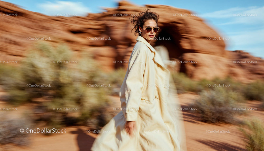 Woman in Beige Trench Coat Walking in Desert Landscape