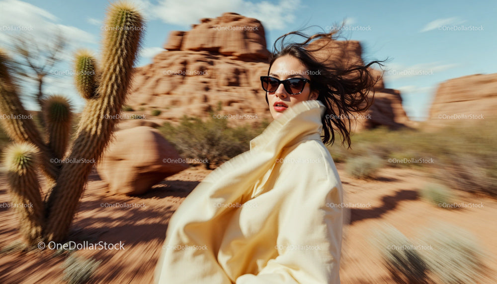 Stylish Woman with Sunglasses in Desert Breeze