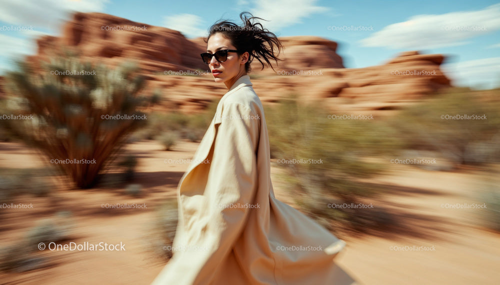 Stylish Woman in Beige Coat in a Desert Landscape