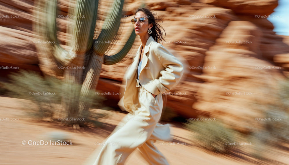 Fashionable Woman in Motion in Desert Landscape
