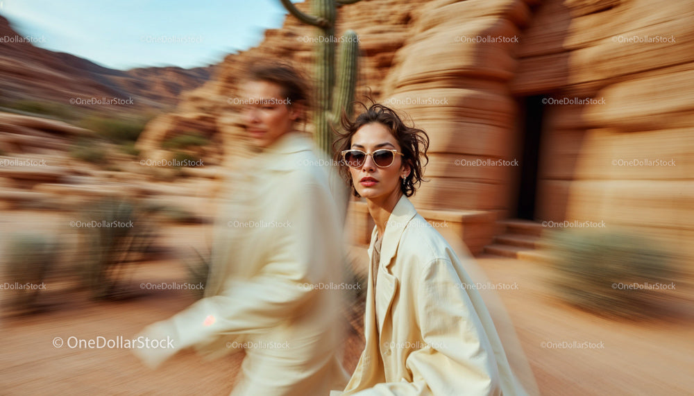 Stylish Woman in Beige Coat Amidst Desert Landscape