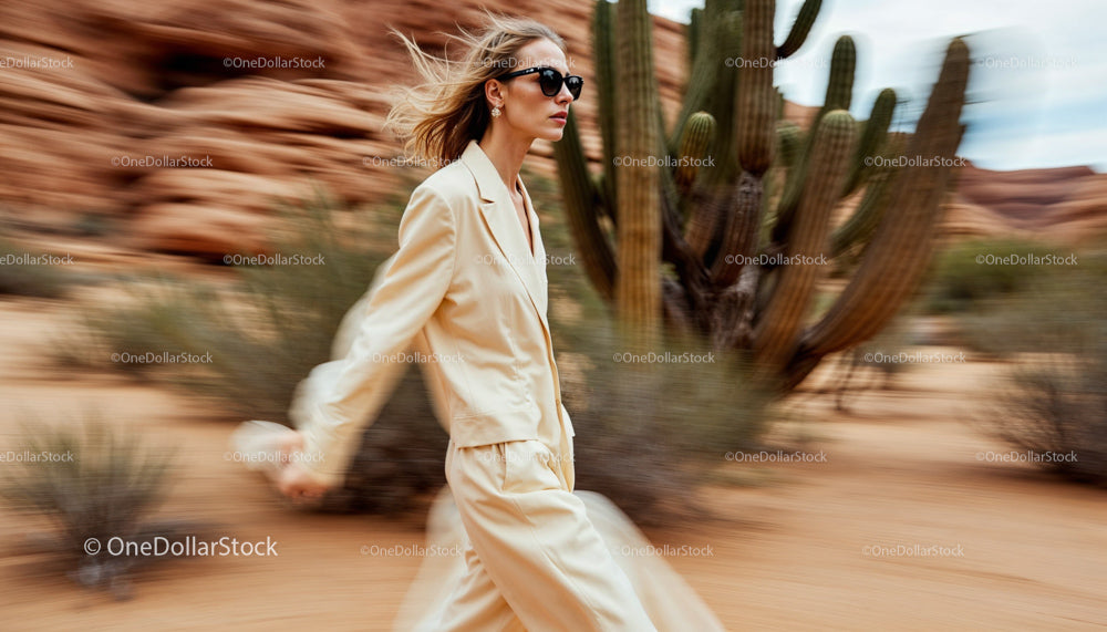 Elegant Woman Walking Through Desert with Cactus Surroundings