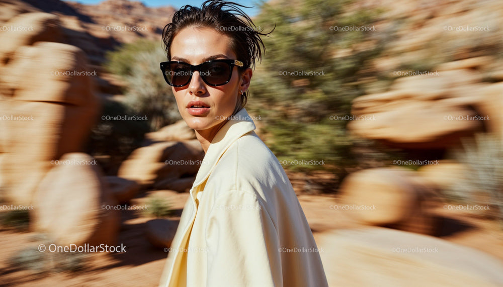 Stylish Woman in Sunglasses Walking in Desert Landscape