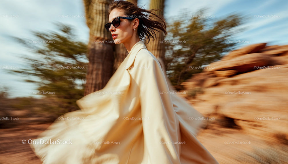 Woman in Beige Coat Walking through Desert Landscape